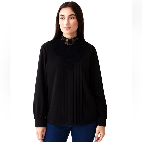 Vintage Liz Baker Essentials Black Women's Blouse with Lace Detail 80s/90s XL - Picture 1 of 16